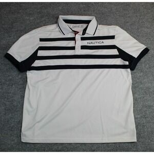 Nautica Heritage Stripe Polo Shirt Size X-Large Mens Spellout White 90's Y2K